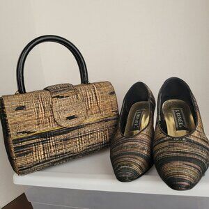 Black and Beige Multi-stripped Pumps with Matching Handbag